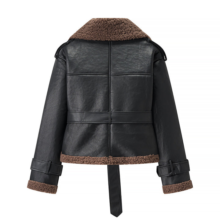 Damen Kunstlederjacke mit flauschigem Kragen und tailliertem Schnitt Drune