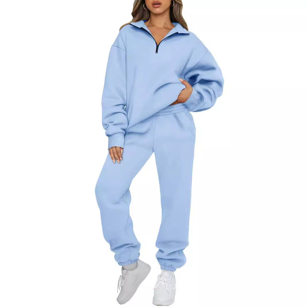 Damen gemütlicher Sweatpants-Set mit modernem Stehkragen und Kängurutasche Drune