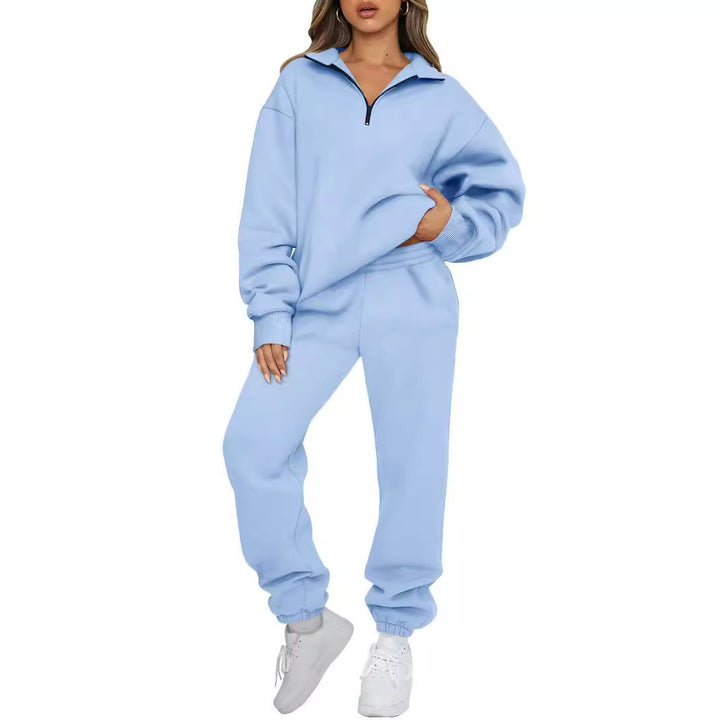 Damen gemütlicher Sweatpants-Set mit modernem Stehkragen und Kängurutasche Drune
