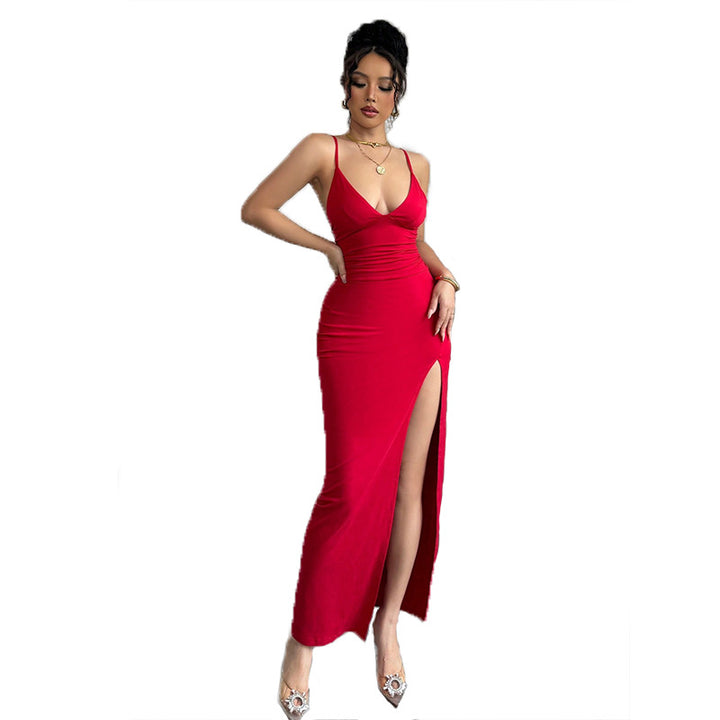 Damen Maxikleid mit tiefem V-Ausschnitt und seitlichem Schlitz Drune