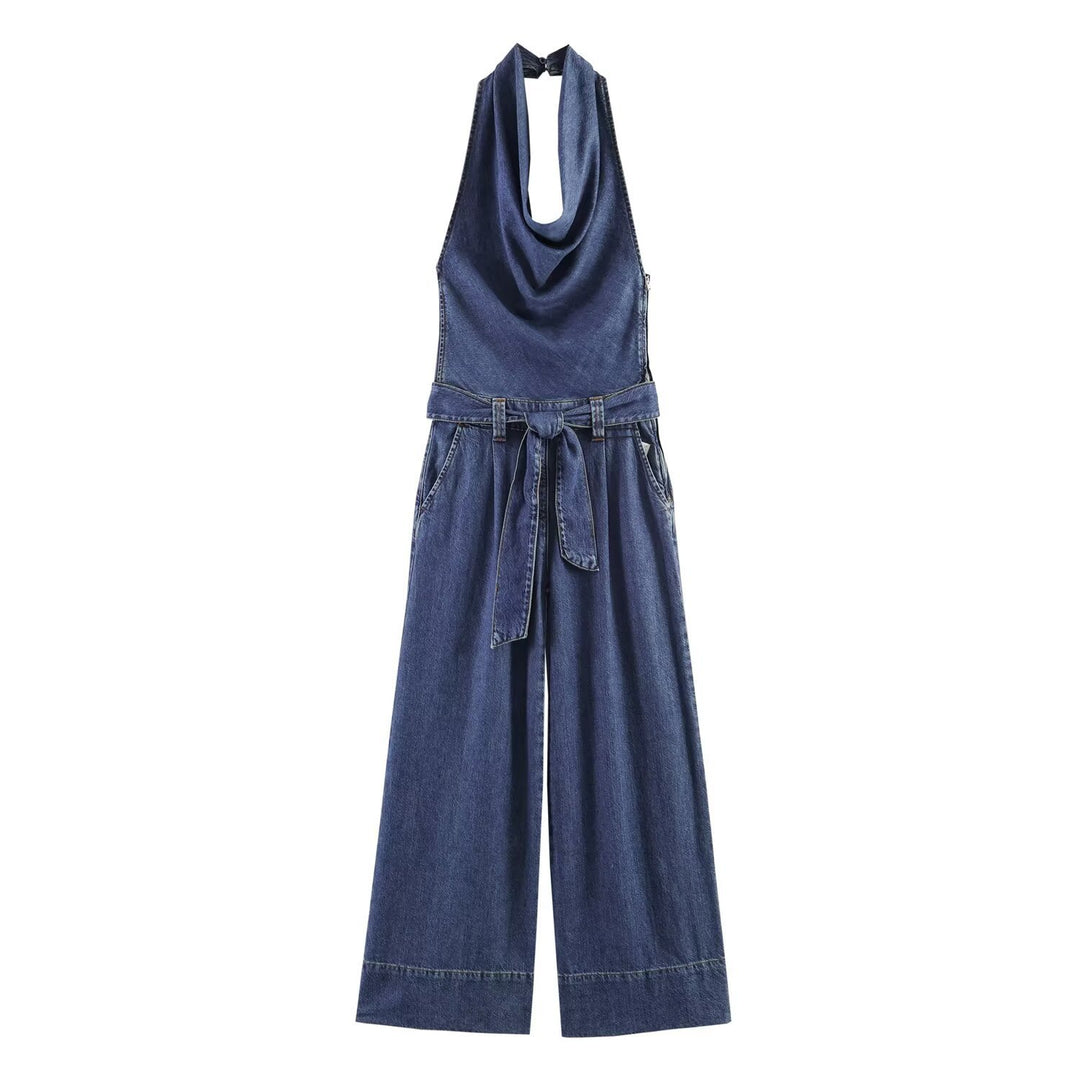 Damen Jumpsuit mit halbem Ausschnitt und weitem Bein Drune