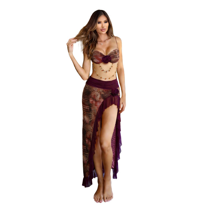 Damen elegantes Wickel-Badeanzug-Set mit floralem Design und Rüschen Drune