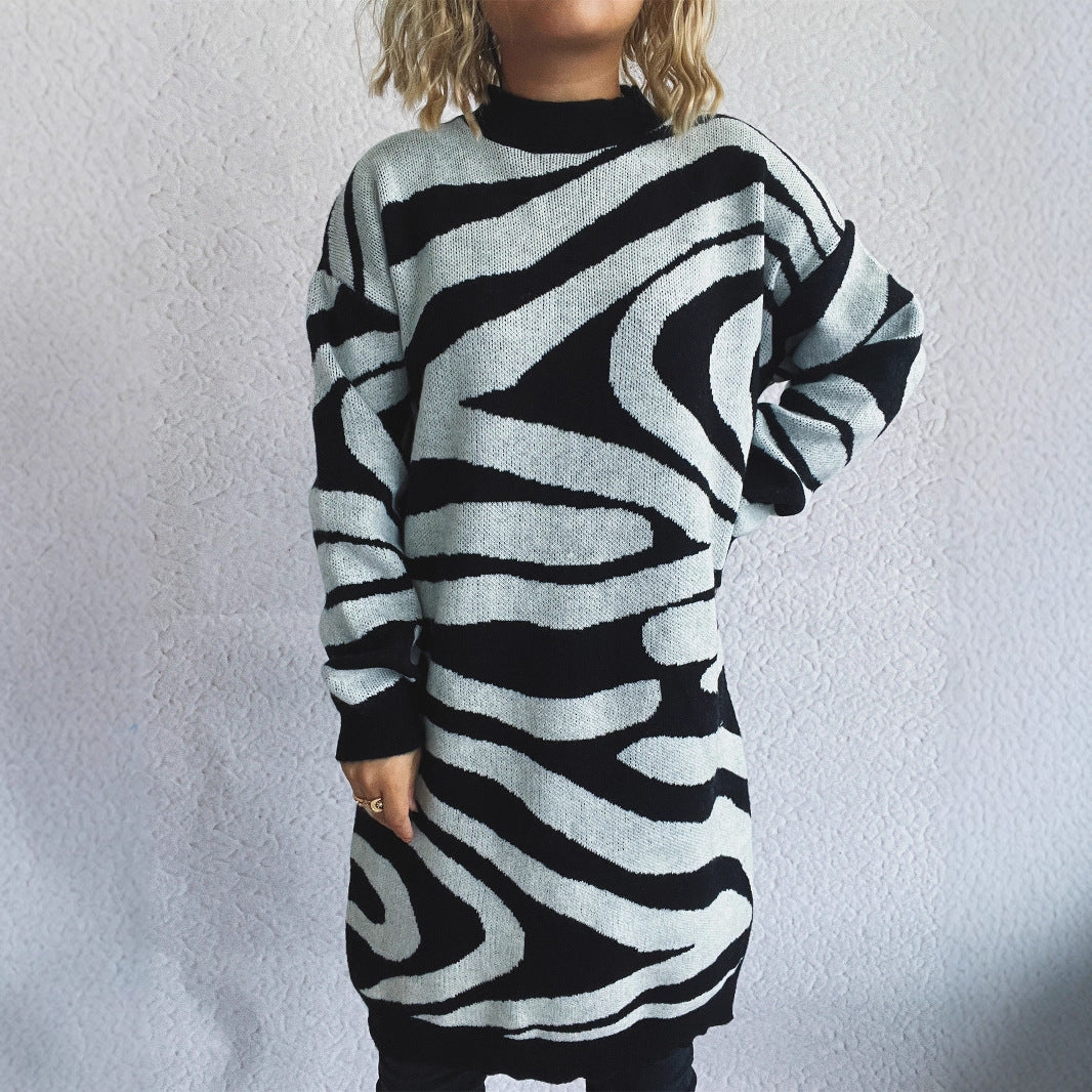 Damen Grobstrickpullover mit modernem Zebradesign und hohem Kragen Drune