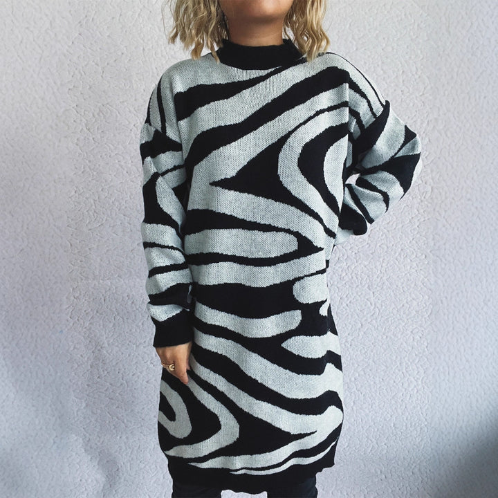 Damen Grobstrickpullover mit modernem Zebradesign und hohem Kragen Drune