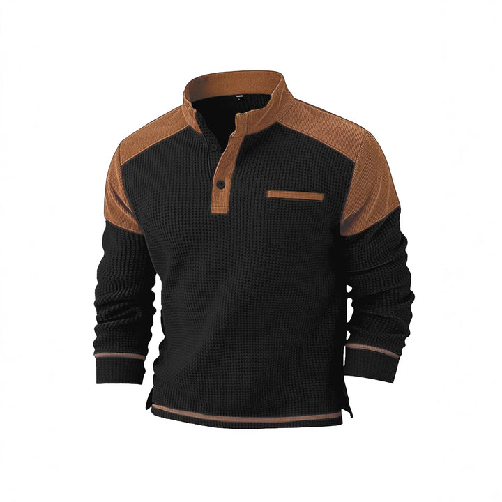 Herren nan Waffelstrick-Henley mit Stehkragen, Cord-Schulterpasse und Brustpaspel Drune