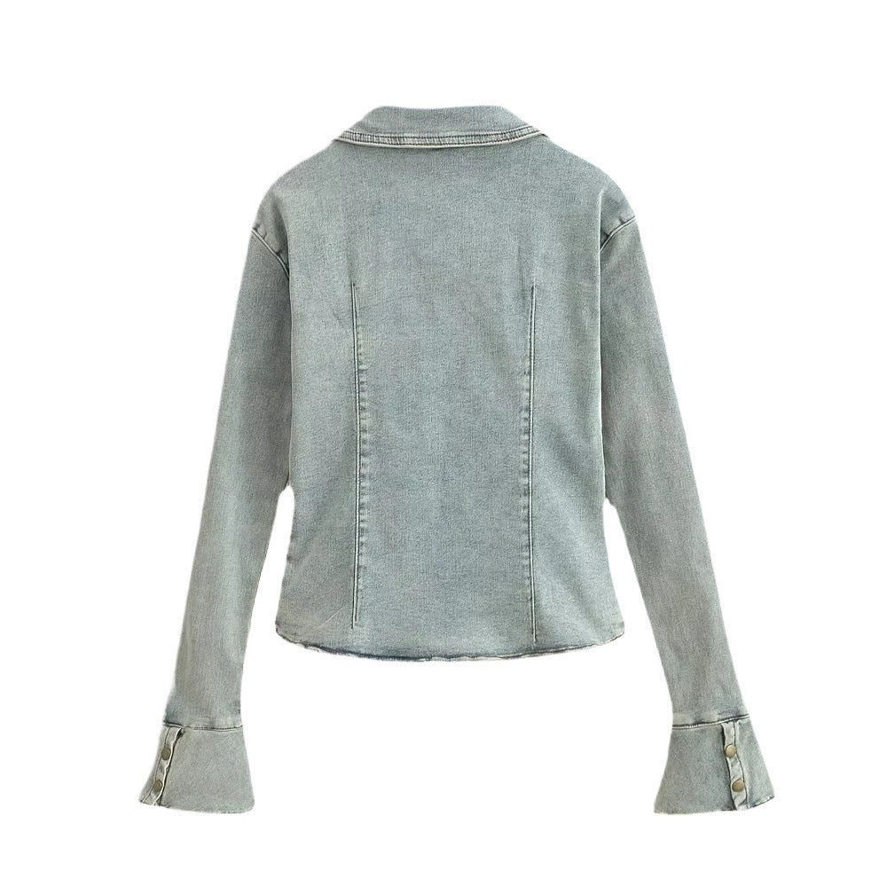 Damen Jeanshemd mit modischen Glockenärmel und aufgesetzten Taschen Drune