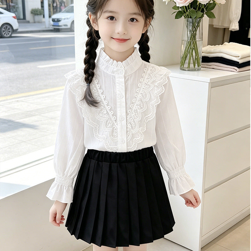 Mädchen elegante Bluse mit Rüschendetails und Spitzenbesatz Drune