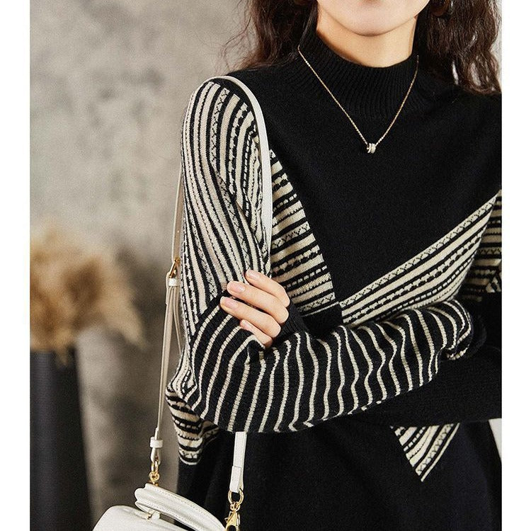 Damen Oversized Pullover mit grafischem Streifenmuster und Fransen Drune