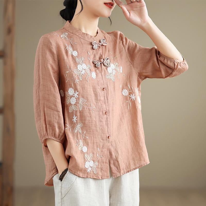Damen Bestickte Bluse mit halben Ärmeln und Mandarin-Kragen Drune