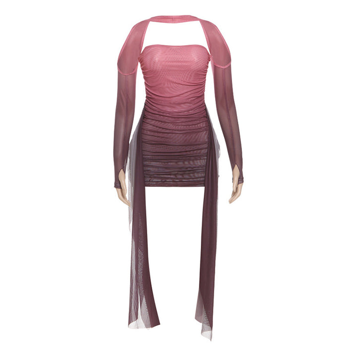 Damen Elegantes Minikleid mit raffinierten Rüschen und transparenten Ärmeln Drune