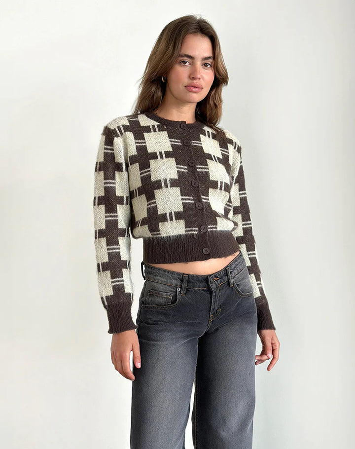Damen cropped Strickjacke mit modernem Karomuster und knöpfbarem Design Drune