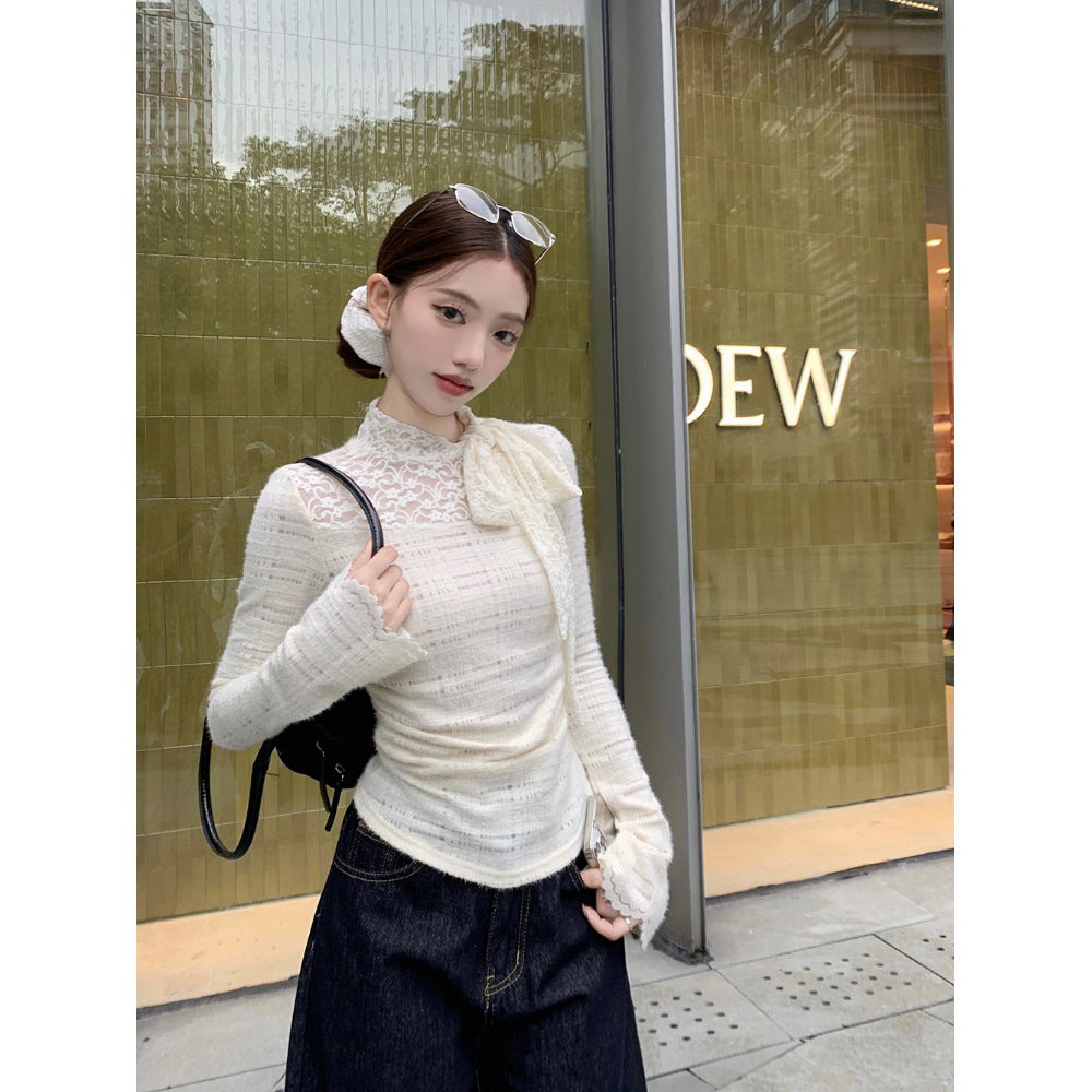 Damen elegantes Langarmoberteil mit Spitzen- und Schleifendetails Drune