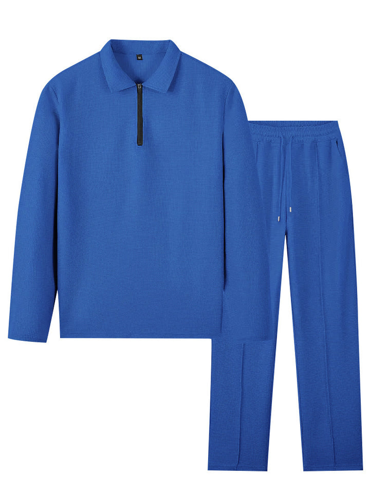 Unisex nan Waffelstruktur Freizeit-Set mit Halbzip-Poloshirt und elastischer Bundhose Drune