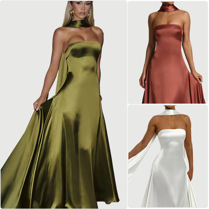Damen Bandeau-Maxikleid mit schickem Halsschmuck und fließendem Satin Drune