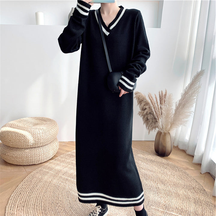 Damen Elegantes Strickkleid mit V-Ausschnitt und kontrastierenden Bündchen Drune