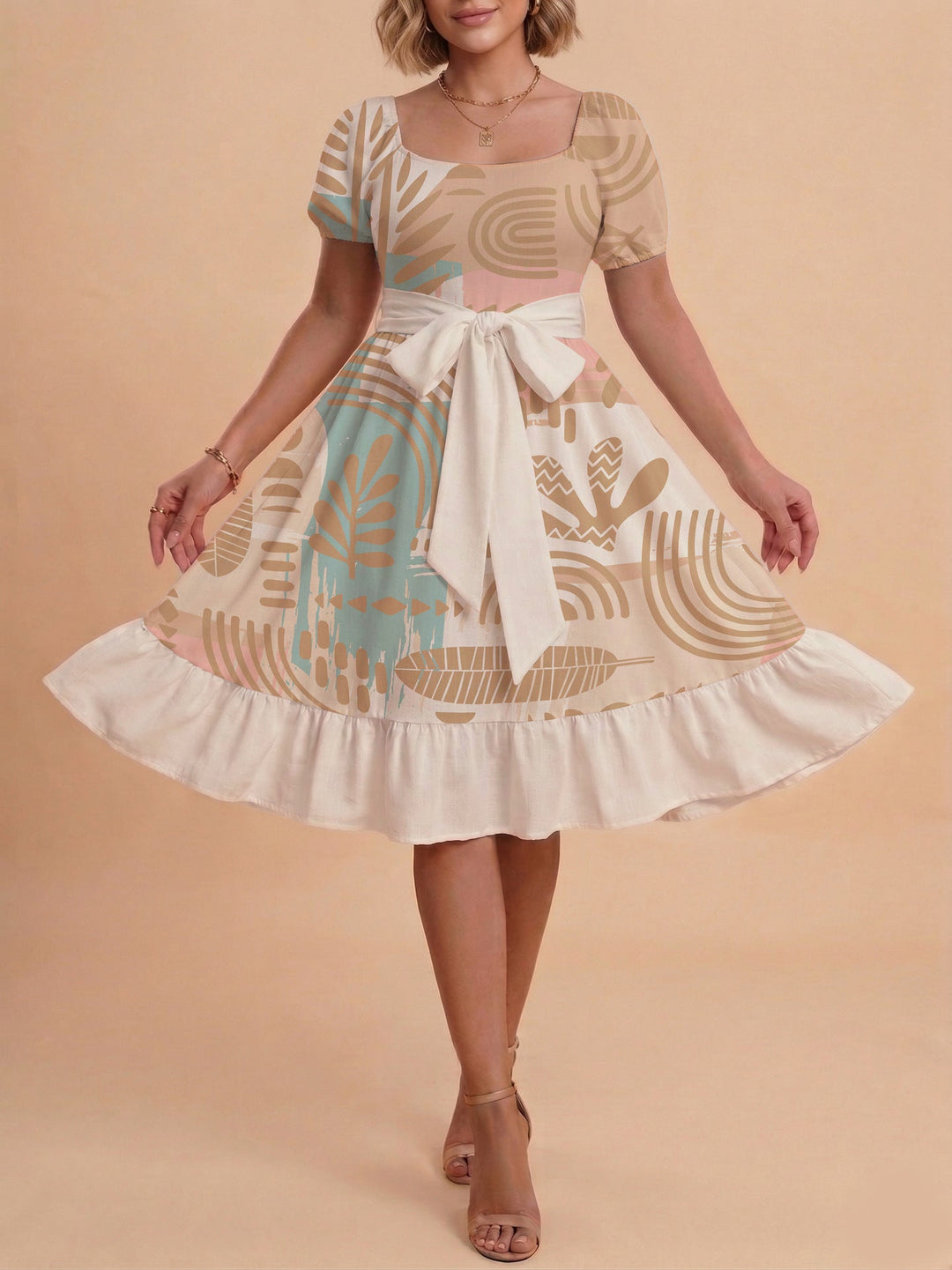 Damen Sommerliches Blumenkleid mit taillierbarem Gürtel und voluminösen Ärmeln Drune