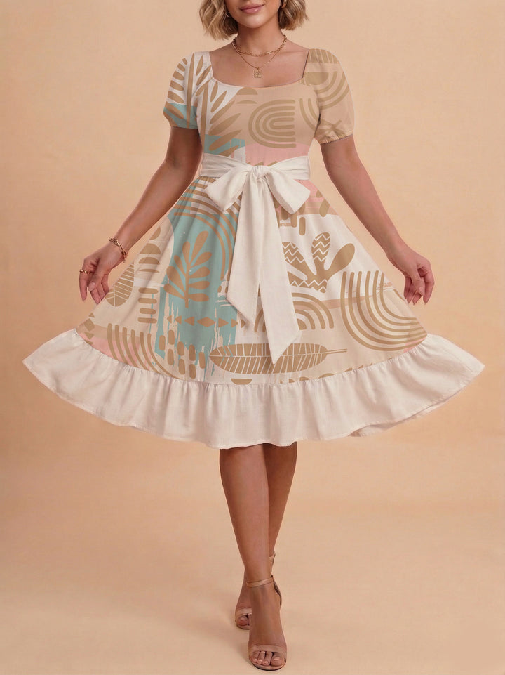 Damen Sommerliches Blumenkleid mit taillierbarem Gürtel und voluminösen Ärmeln Drune