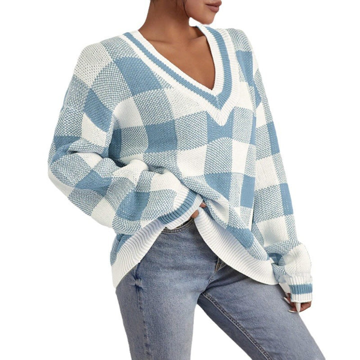 Damen Off-Shoulder Pullover im Karomuster mit langen Ärmeln Drune