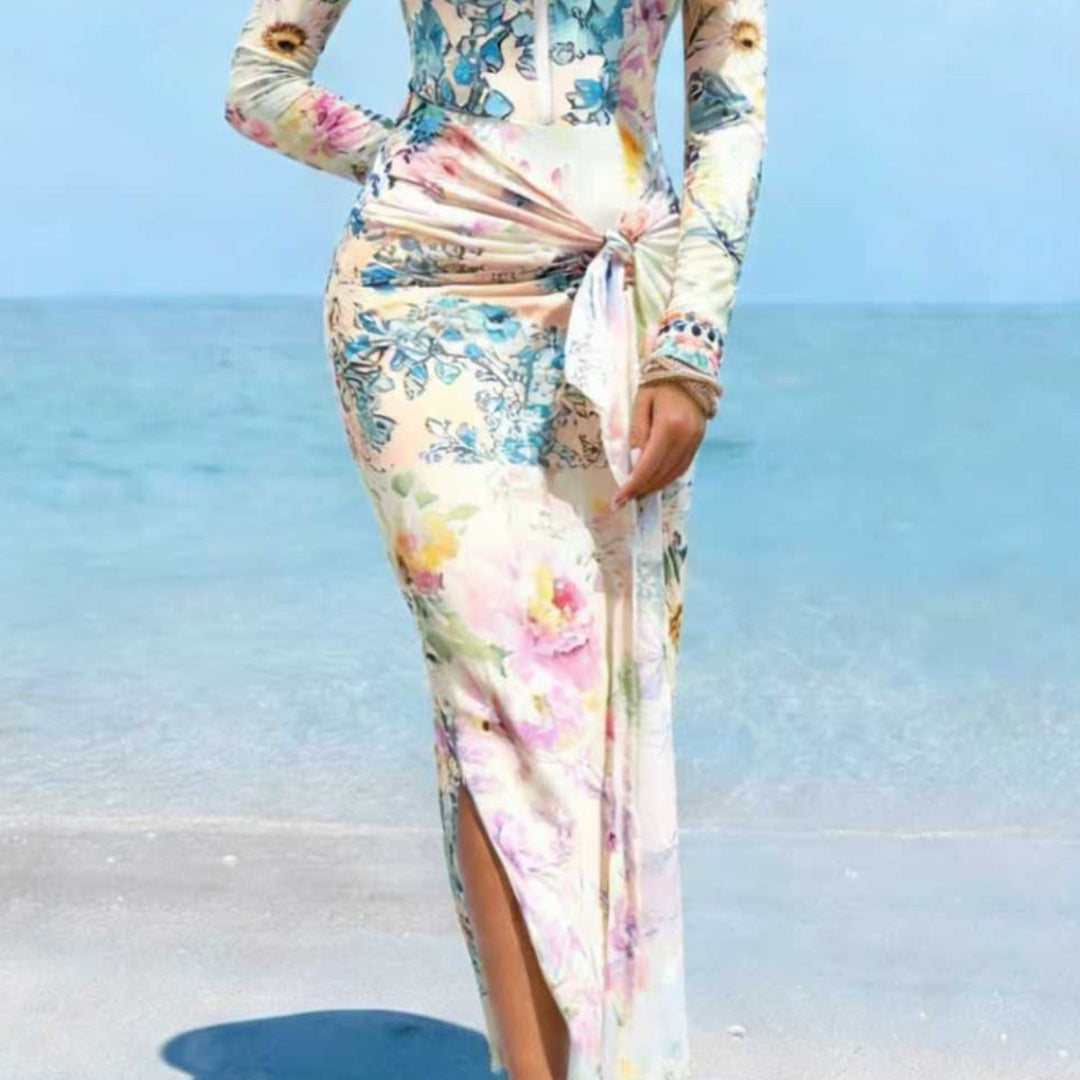 Damen Elegantes Langarm-Strandkleid mit floralem Design Drune