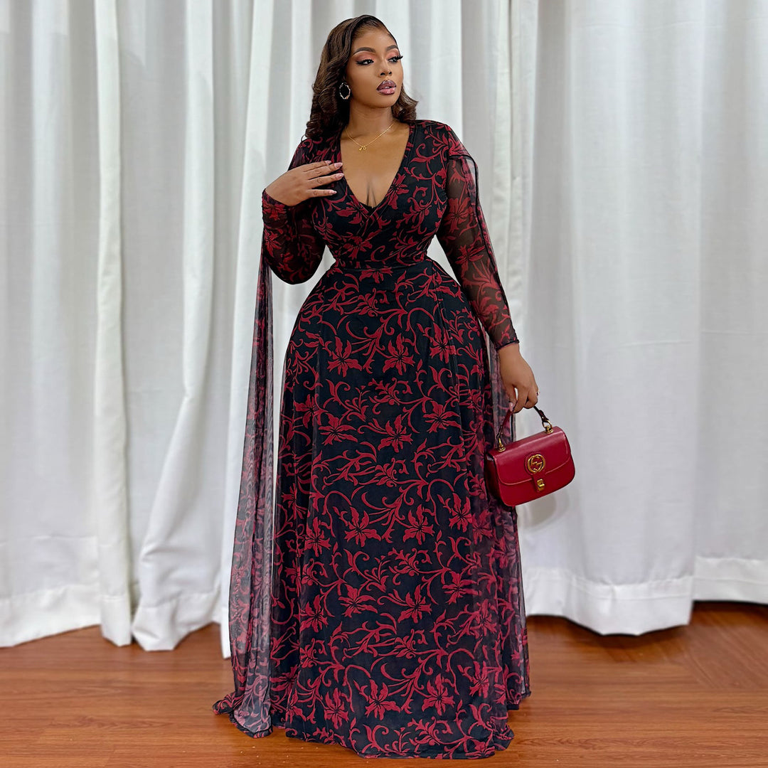 Damen Maxikleid mit floralem Transparentdesign und eleganten Ärmeln Drune