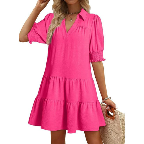 Damen luftiges Sommerkleid mit schickem Kragen und Rüschendetails Drune
