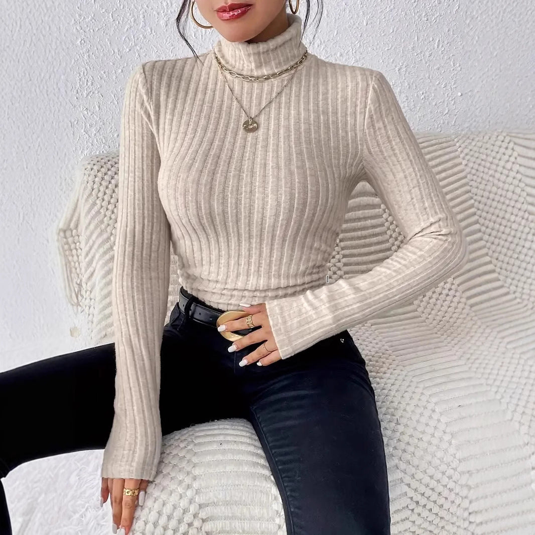 Damen Rippstrick-Turtleneck-Oberteil mit langen Ärmeln Drune