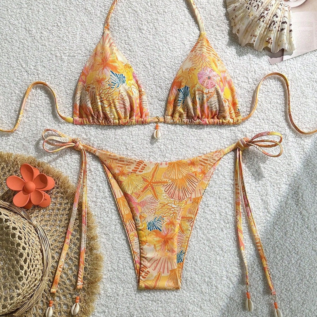 Damen Triangel-Bikini mit tropischem Muster und verspielten Bindebändern Drune