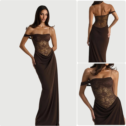 Damen Abendkleid mit schulterfreiem Spitzenoberteil und fließendem Rock Drune