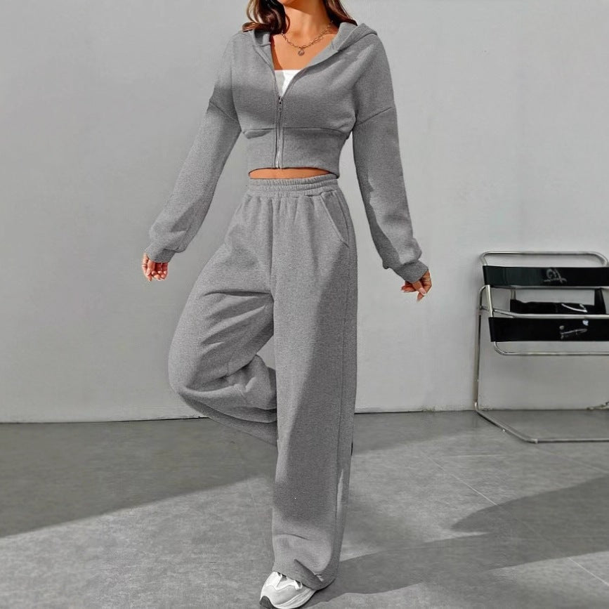 Damen nan kurzes Kapuzen-Sweatshirt mit Reißverschluss und weite High-Waist Jogginghose Drune