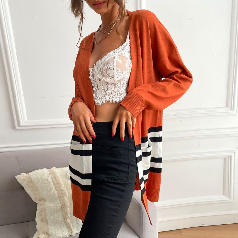 Damen Strickjacke mit modernem Streifenmuster und praktischen Taschen Drune