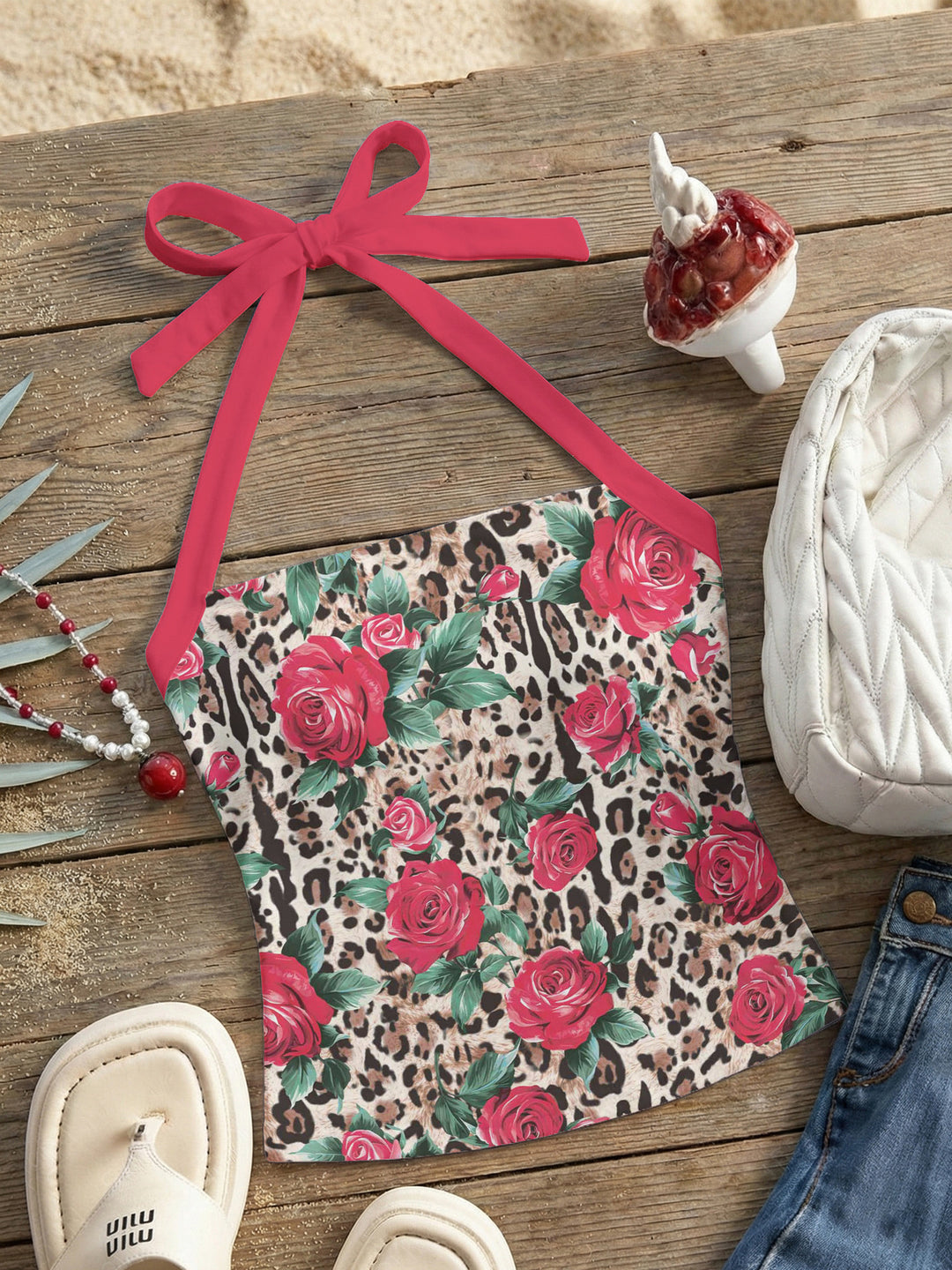 Damen Neckholder Top mit verspieltem Leopardenmuster Drune