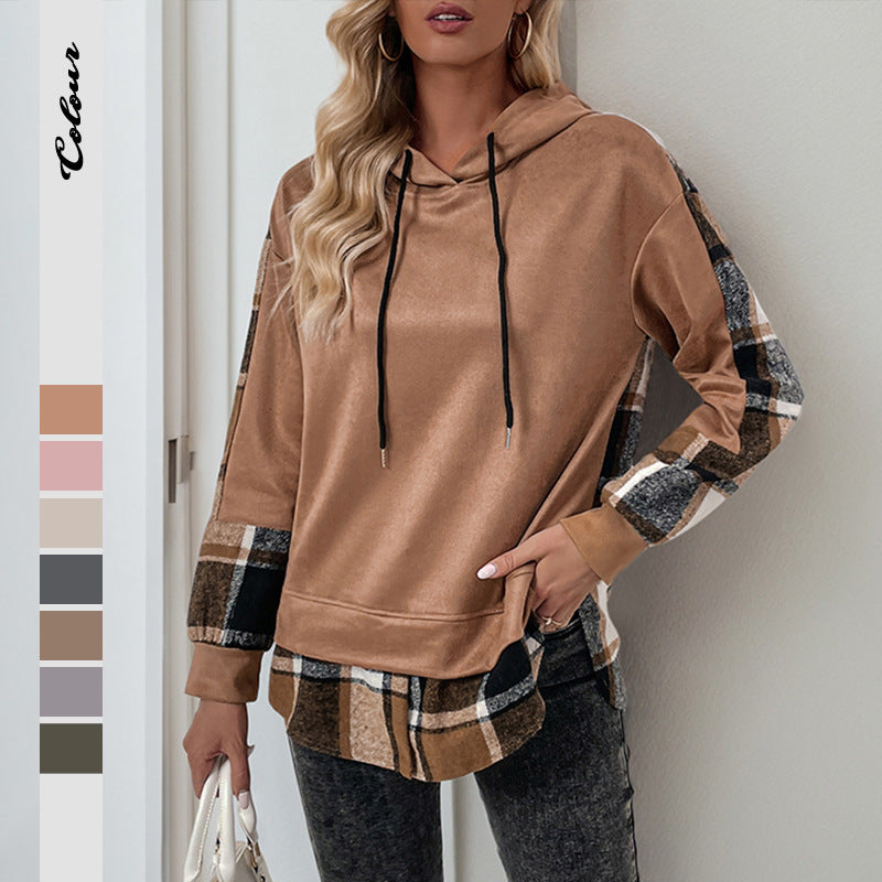 Damen lässiger Kapuzenpullover mit kariertem Patchwork-Design Drune