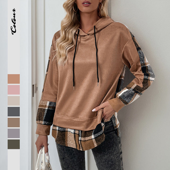 Damen lässiger Kapuzenpullover mit kariertem Patchwork-Design Drune