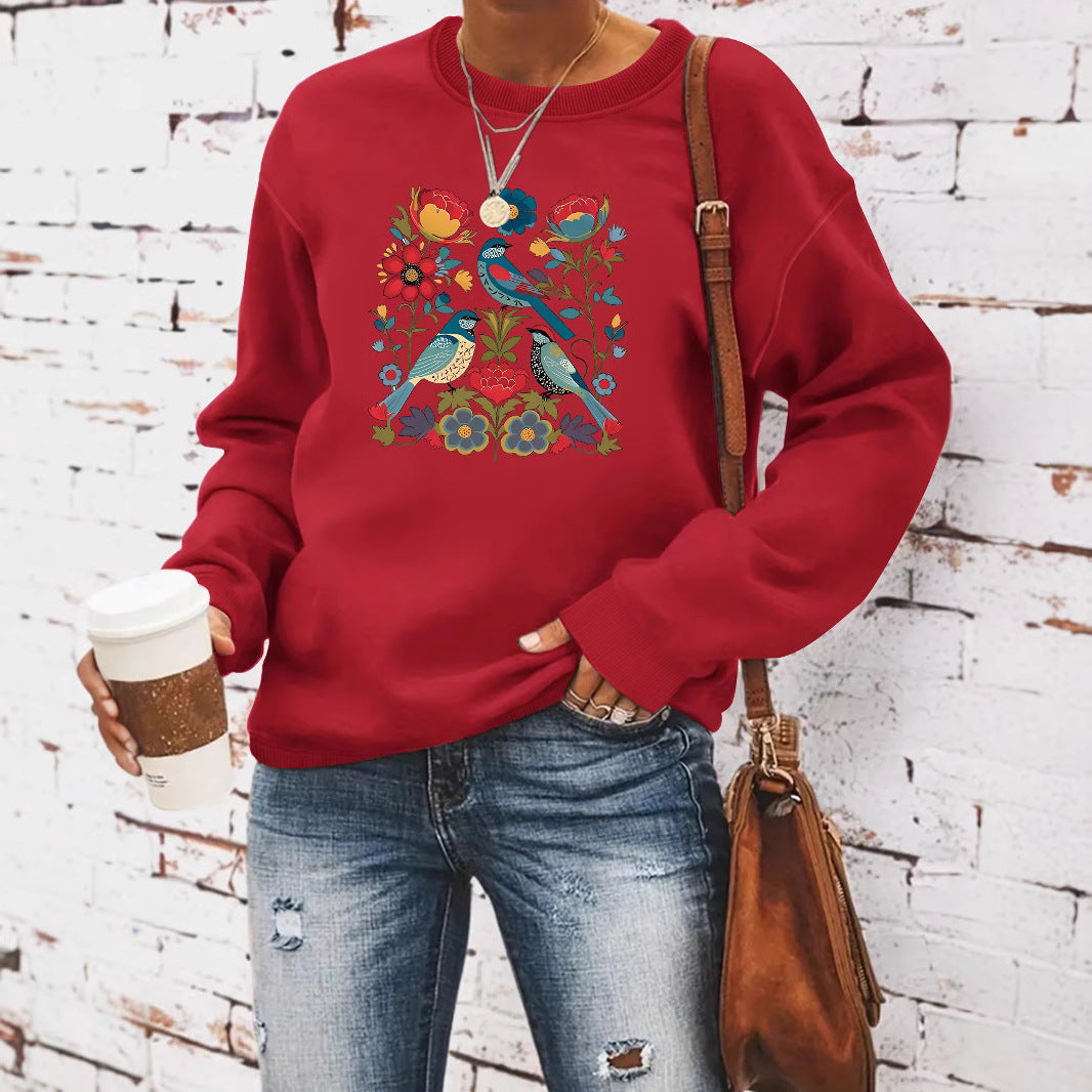 Damen Sweatshirt mit floralem Vogelmotiv und lässigem Schnitt Drune