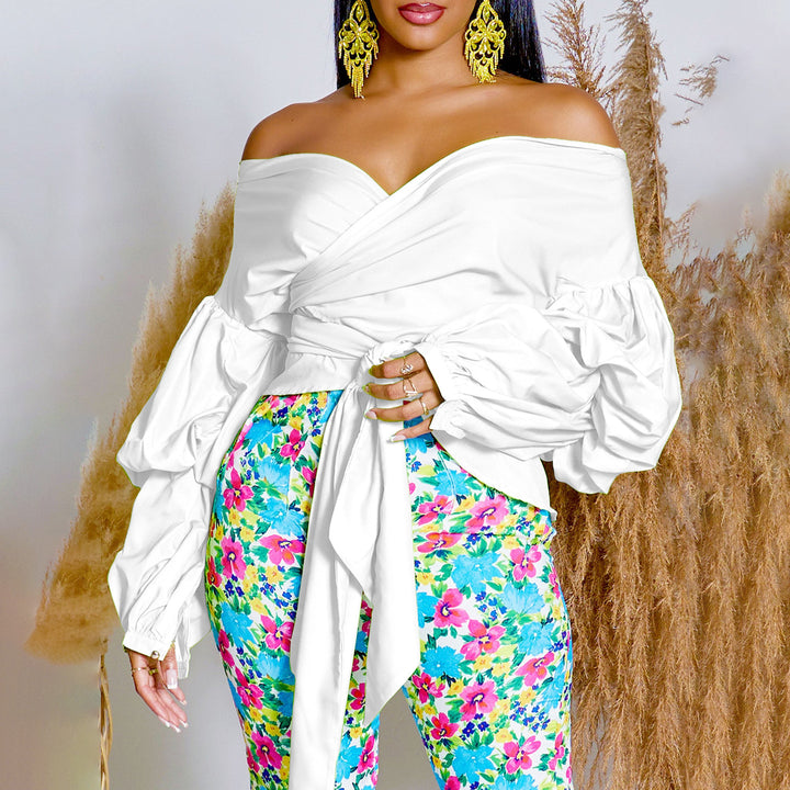 Damen Wickelbluse mit voluminösen Ärmeln und eleganter Schleifenbindung Drune