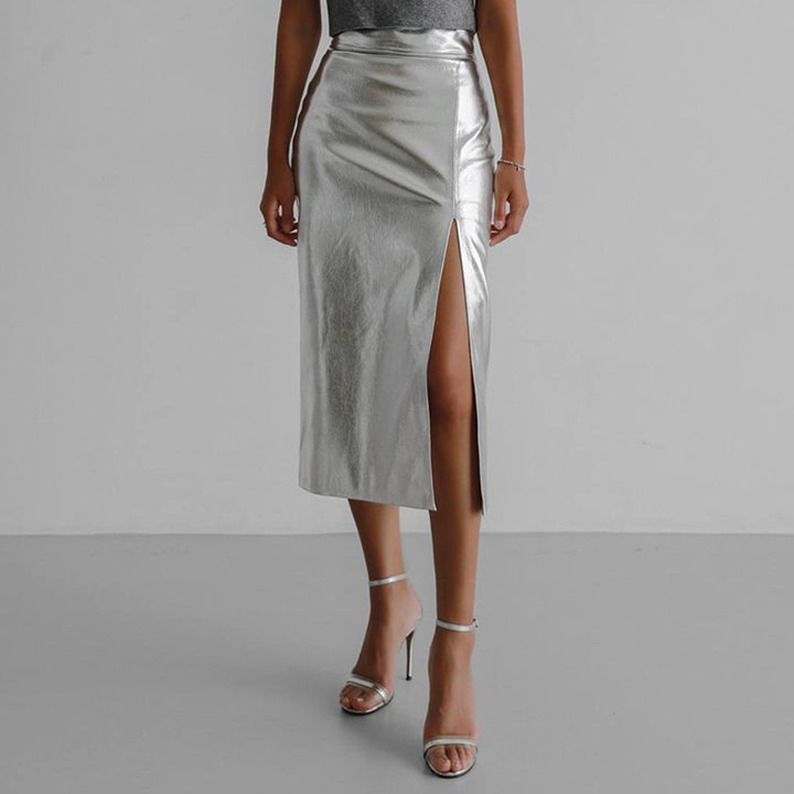 Damen glanzender Midirock mit hohem Schlitz und asymmetrischem Saum Drune