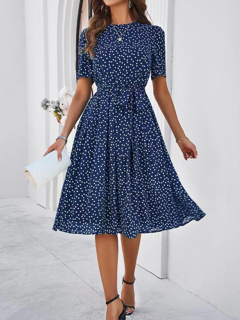 Damen Midikleid mit elegantem Punktedesign und Taillengürtel Drune