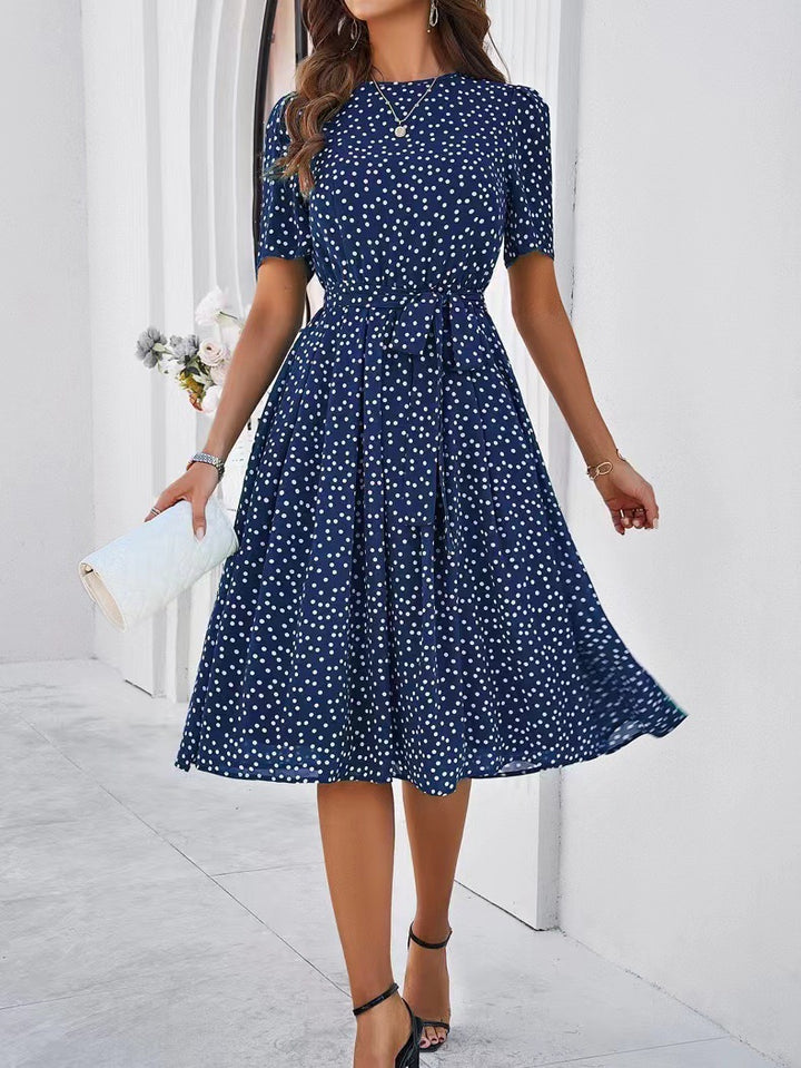 Damen Midikleid mit elegantem Punktedesign und Taillengürtel Drune