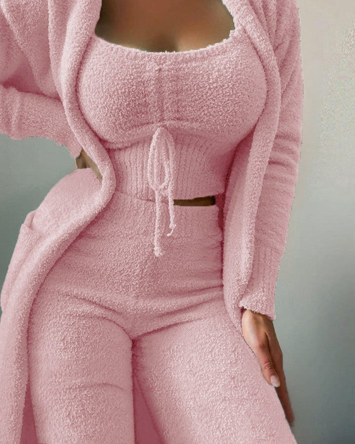 Damen nan luxuriöses Teddy-Fleece Lounge-Set mit Longcardigan, gerafftem Cropped-Bustier und Highwaist-Hose Drune