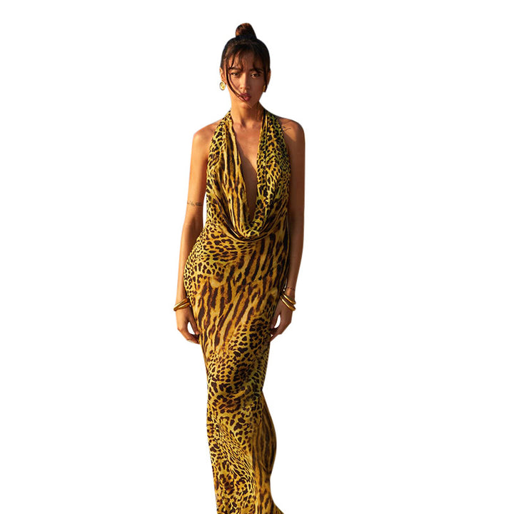Damen Langarm-Maxikleid mit gerafftem Ausschnitt und animalischem Muster Drune