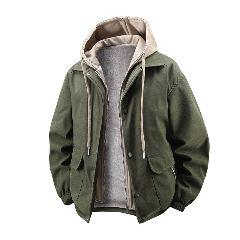 Herren  geschichtete Kapuzen Utility Parka Jacke mit kontrastierender Kapuze Innenfutter Klappe und Reißverschlusstaschen Drune