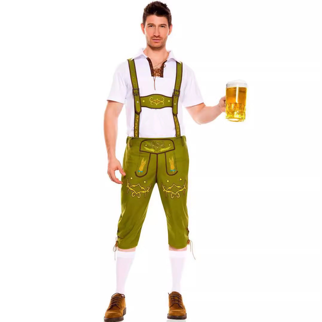 Herren nan kurze Trachtenlederhose mit verstellbaren Hosenträgern und besticktem Latz Drune