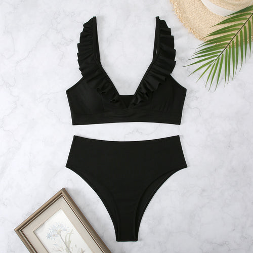 Damen Bikini-Set mit voluminösen Rüschen und hohem Taillenbund Drune
