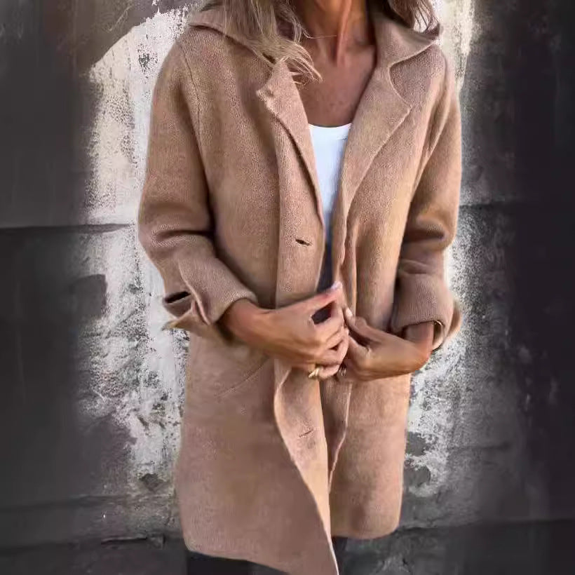 Damen elegante lange Wolljacke mit Oversize-Schnitt Drune