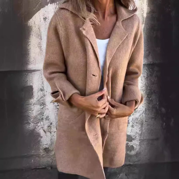 Damen elegante lange Wolljacke mit Oversize-Schnitt Drune