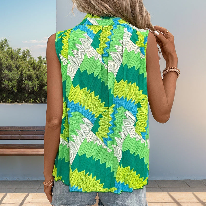 Damen ärmelloses Blusenshirt mit modernem Knotendesign und lebhaftem Muster Drune
