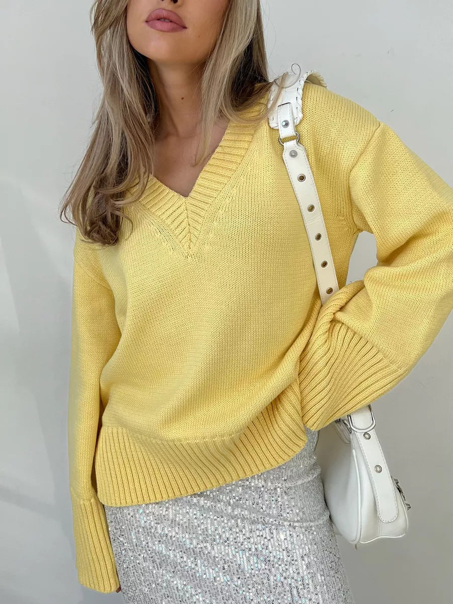 Damen nan oversized Feinstrickpullover mit tiefem V-Ausschnitt, gerippten Bündchen und lockerer Silhouette Drune