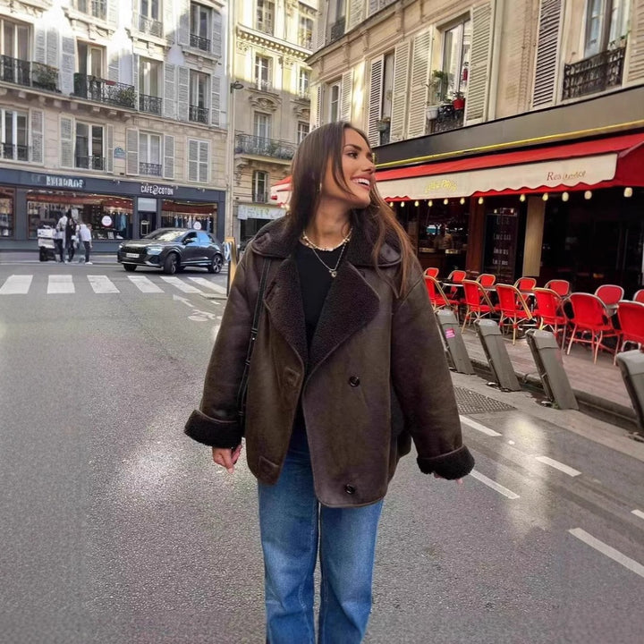 Damen nan Oversize Lammfellimitat Kunstlederjacke mit Sherpa-Kragen und Eingrifftaschen Drune