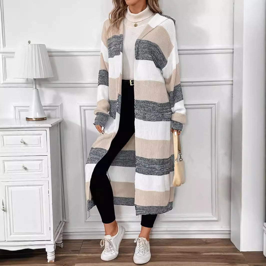Damen Langer Strickcardigan mit modischem Streifenmuster und lässigem Schnitt Drune