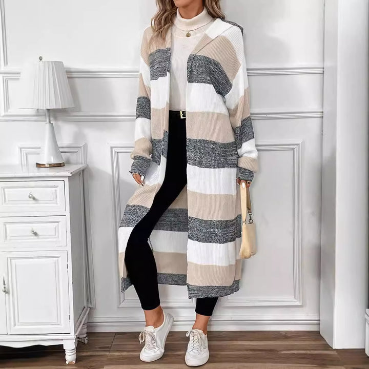 Damen Langer Strickcardigan mit modischem Streifenmuster und lässigem Schnitt Drune